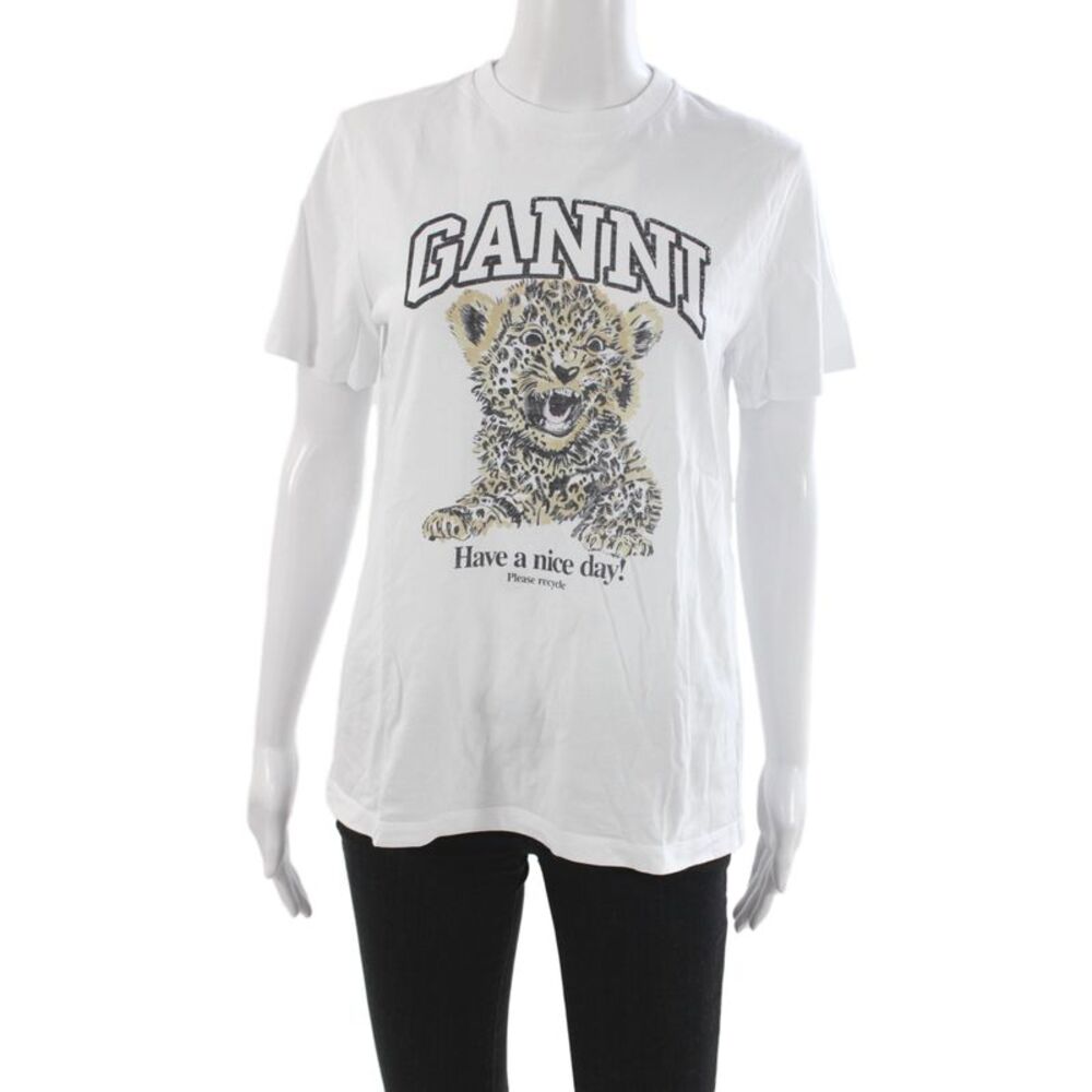 Ganni Women White Organic Cotton Crew Neck Graphic Animal T-Shirt Size XS